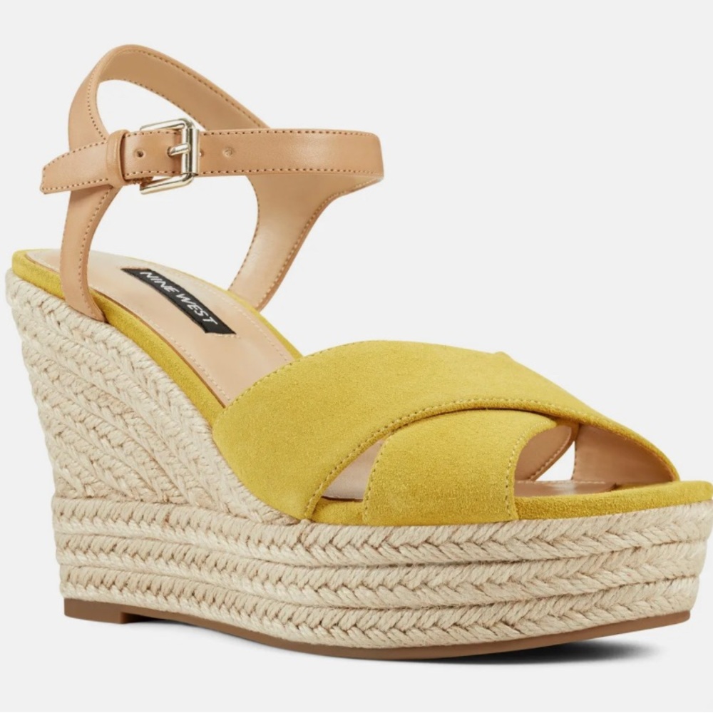 Nine West Dane Multi Suede Sandals Mustard Yellow Espadrille Wedge. Size 11